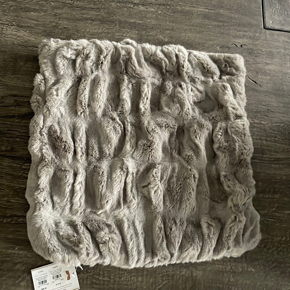 NWT Pottery barn faux fur ruched 18x18 gray pillow and insert